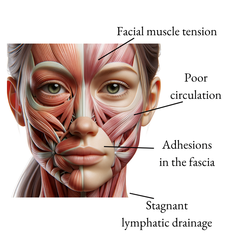 Illustration of the muscles of the face, labelled: facial muscle tension, poor circulation, adhesions in the fascia, and stagnant lymphatic drainage