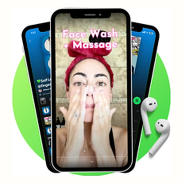 The Face Wash + Massage video on a phone, Allison massaging her face