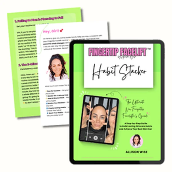 The Fingertip Facelift Habit Stacker guide on a tablet, with its pages behind it