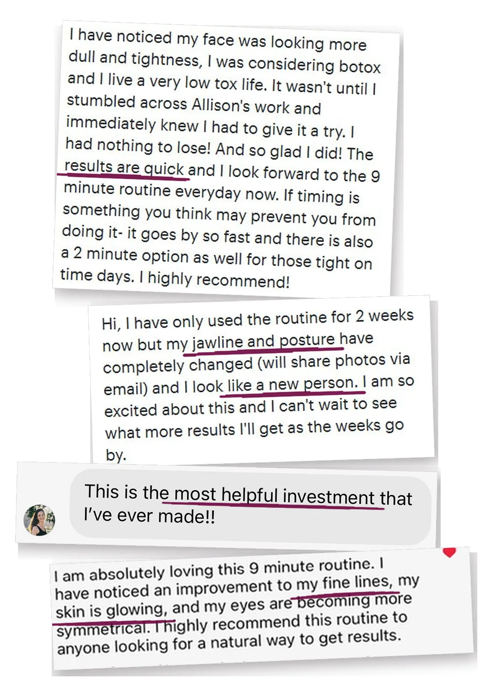 Screenshots of 4 messages from women using the 9 Minute Method. What they say follows.