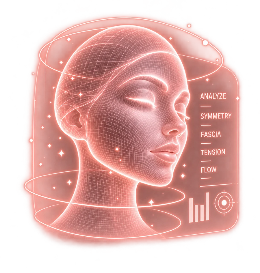 A glowing hologram of a face, with IRIS reading its symmetry, fascia, tension and flow